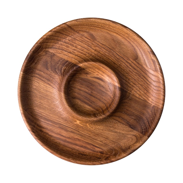 Wooden plate on white background View from above