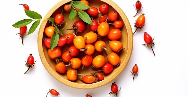 Wooden Plate with Fresh Rosehip Berries and Flowers