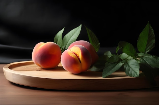 A wooden plate with peaches on it