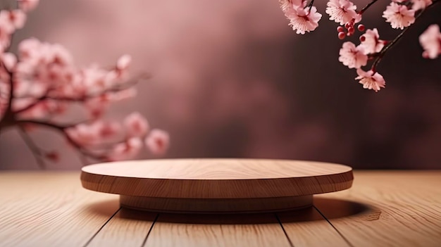 A wooden plate with a pink flower in the background