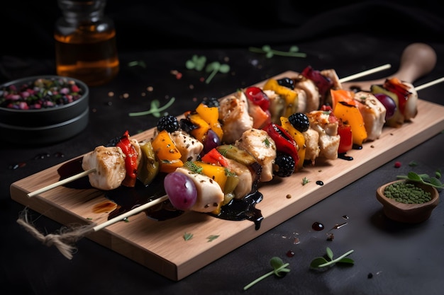 A wooden plate with a skewer of chicken and vegetables on it.