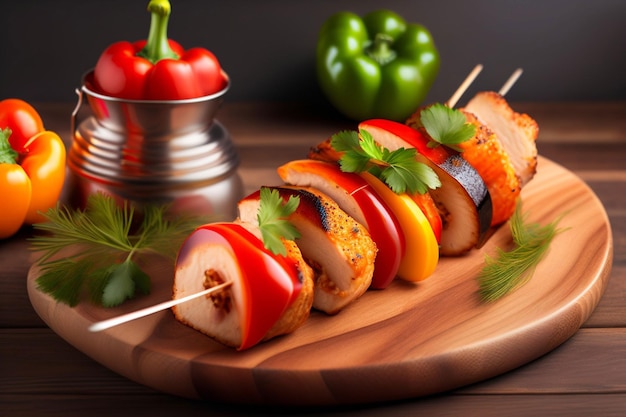 A wooden plate with a skewer with vegetables on it