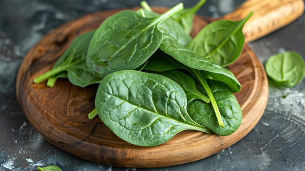 Photo a wooden plate with spinach leaves on it