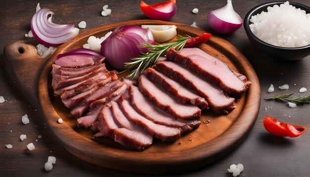 Photo a wooden plate with a variety of food on it including meat and onions