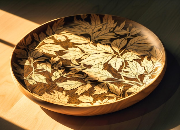 A wooden plate with white leaves on white