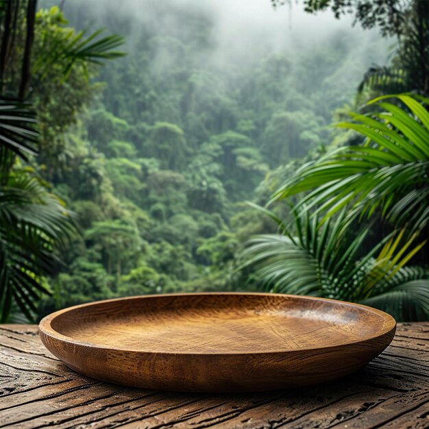 A wooden plate on a wooden table in front of a jungle background