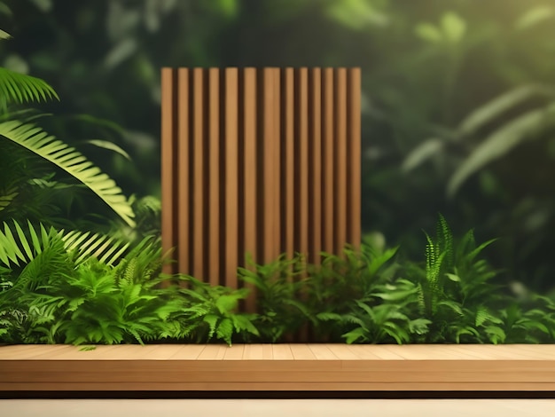 木製のプラットフォームは,熱帯森林の不透明な自然背景で,製品プレゼンテーションのディスプレイテンプレートです.