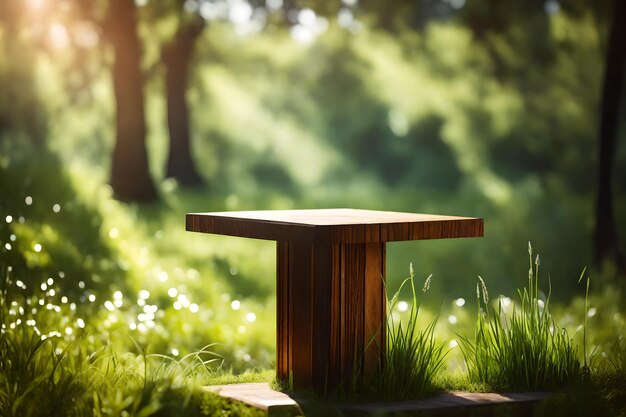 Wooden platform in the grass on a sunny summer day 3d rendering