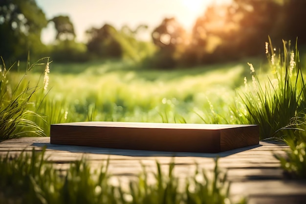 Фото Деревянная платформа в траве в солнечный летний день 3d рендеринг