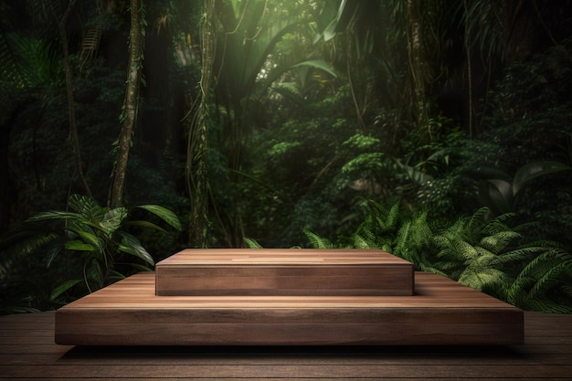 A wooden platform in a jungle with a jungle background