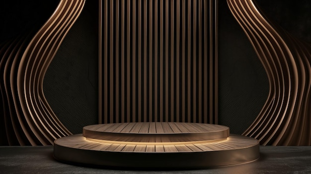 Wooden platform podium product presentation backdrop Abstract curve podium background for luxury product presentation stage studio premium