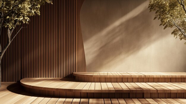 木製のプラットフォームのポディウム 製品プレゼンテーションの背景 抽象的な曲線 ポディウムの背景 沢な製品のプレゼンテーション ステージ スタジオ プレミアム