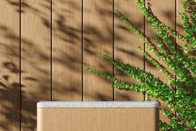 木製のプラットフォームとトップテラゾシェードツリーと木製の背景にツタ