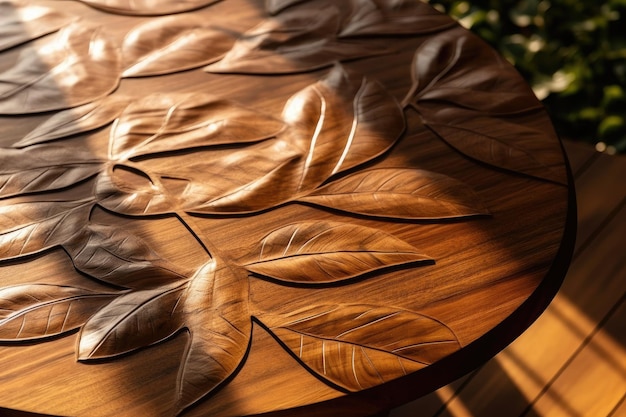 Wooden platform with a large leafy green background