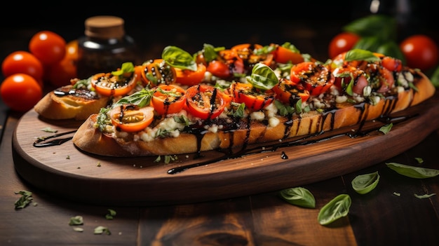 A wooden platter holding slices of freshly baked pizza covered in a variety of scrumptious toppings