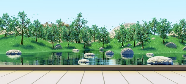 wooden plinth to see lake and GREEN trees forest with GREEN grasses summer background 3d render