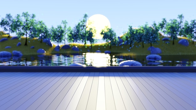 wooden plinth with lake and forest landscape blur background 3d render