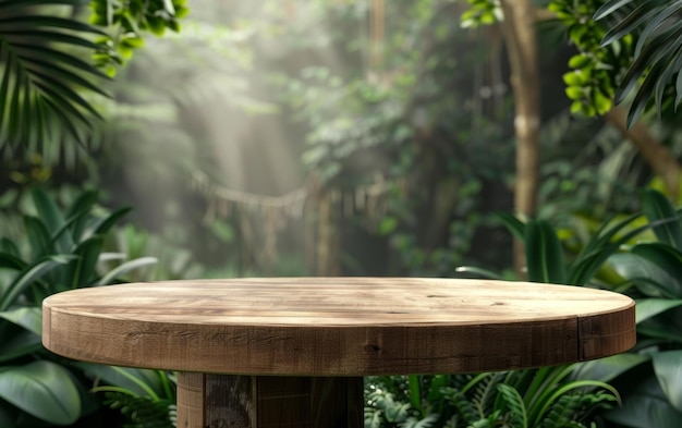 A wooden podium against a lush green tropical leaf backdrop ideal for product display