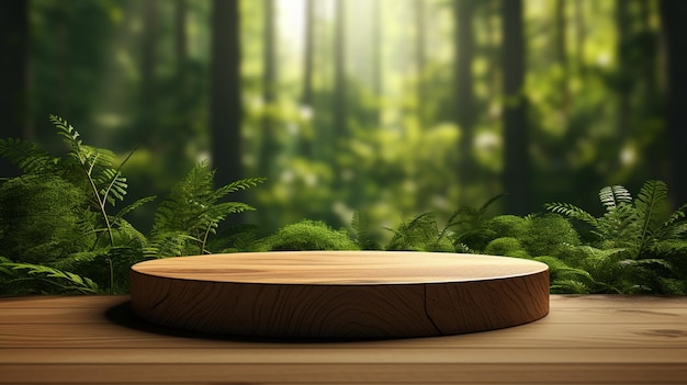 A wooden podium on the background of a forest