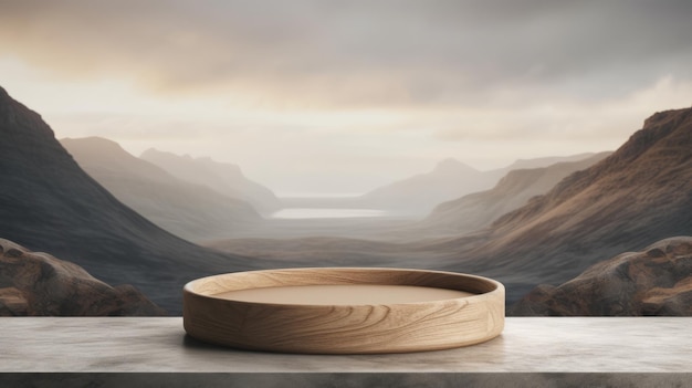 Wooden podium on the background of mountains