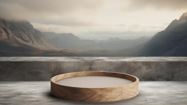 Wooden podium on the background of mountains