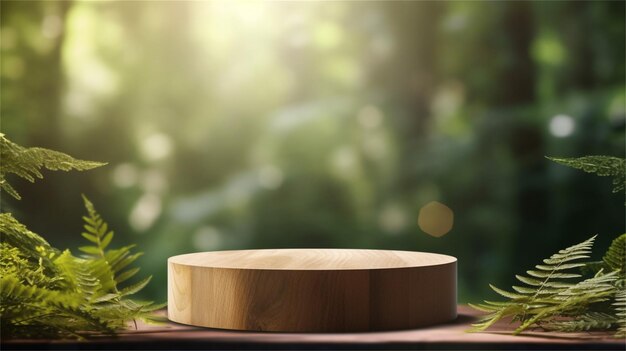 Wooden podium on the background of palm leaves 3d rendering