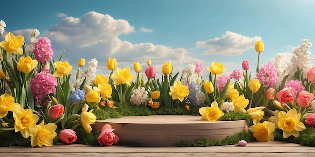 Wooden podium colorful flowers around with butterflies Light blue sky