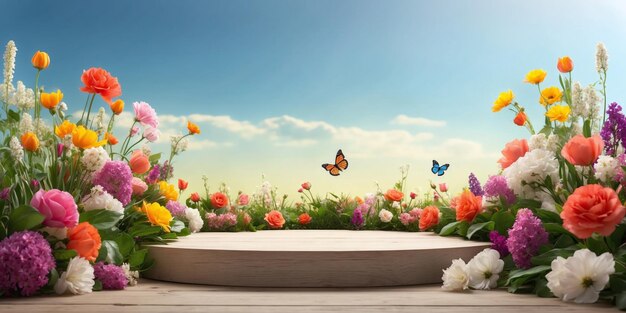 Деревянный подиум красочные цветы вокруг с бабочками Светло-голубое небо