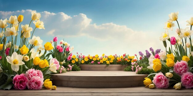 Wooden podium colorful flowers around with butterflies Light blue sky