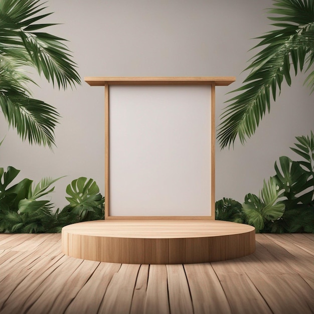 Wooden Podium Display Mockup For Product Presentation Decorated With Tropical