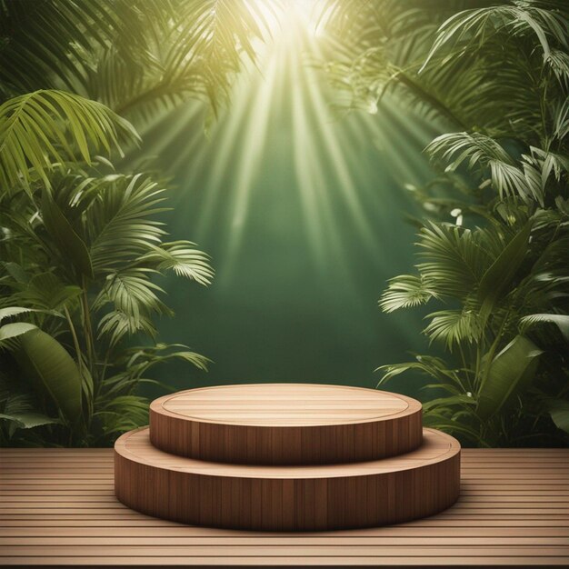 Wooden Podium Display Mockup For Product Presentation Decorated With Tropical