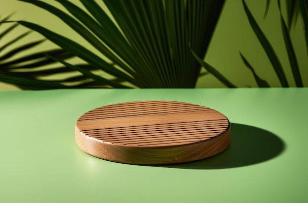 Wooden podium on green background with palm leaves Mockup for product presentation