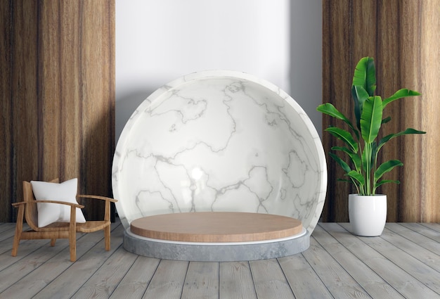 Wooden podium mockup display with haft sphere background