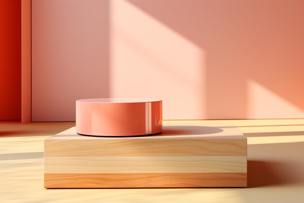 wooden podium on peach surface in animated shapes style minimalist stage design