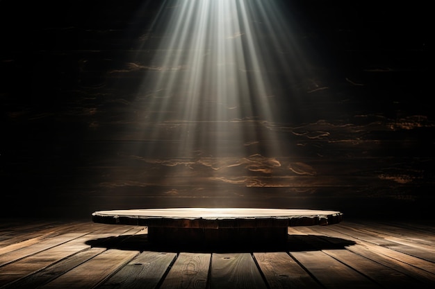 wooden podium on a pedestal against a natural background of shadow and lighting from above