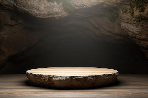 Wooden podium platform in a cave with a light shining on it