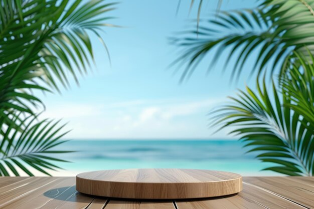 Wooden podium for product display on the tropical beach background