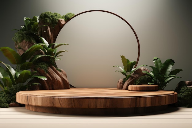 wooden podium for product show mockup generative ai