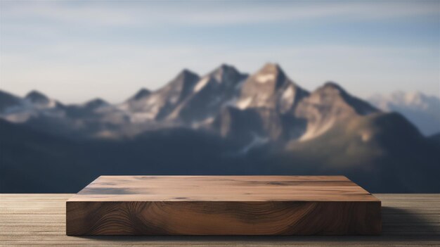 Photo wooden podium set against a stunning mountainous landscape background for showcasing product