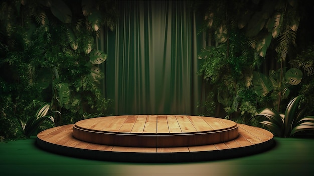 a wooden podium stage in front of green wall with natural background