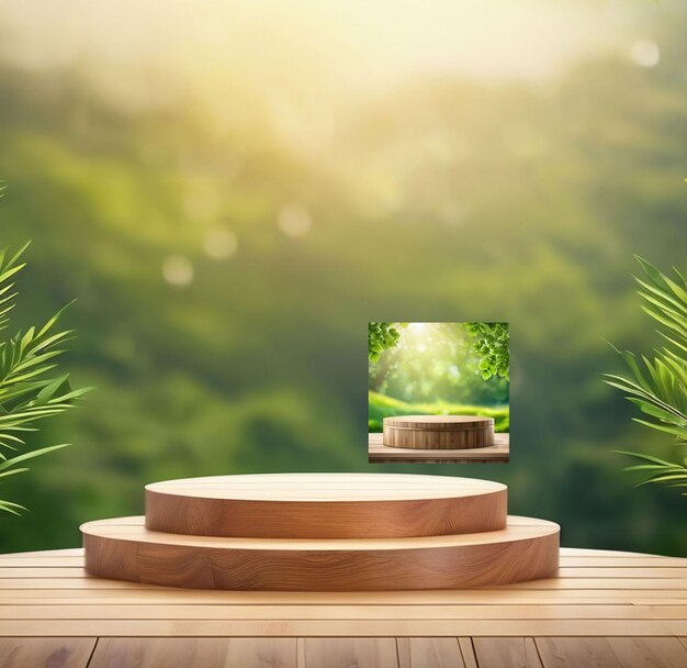 Wooden Podium Stage for Products with nature Bokeh Background