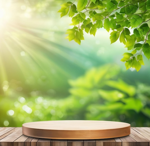 Wooden Podium Stage for Products with nature Bokeh Background