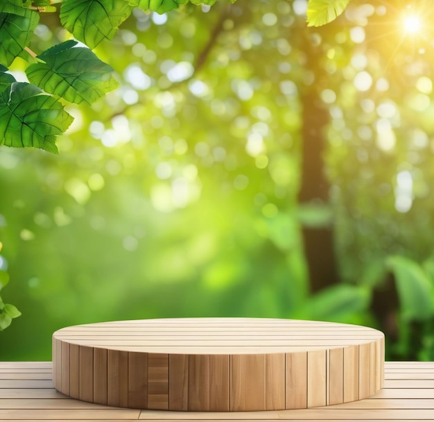 Wooden Podium Stage for Products with nature Bokeh Background