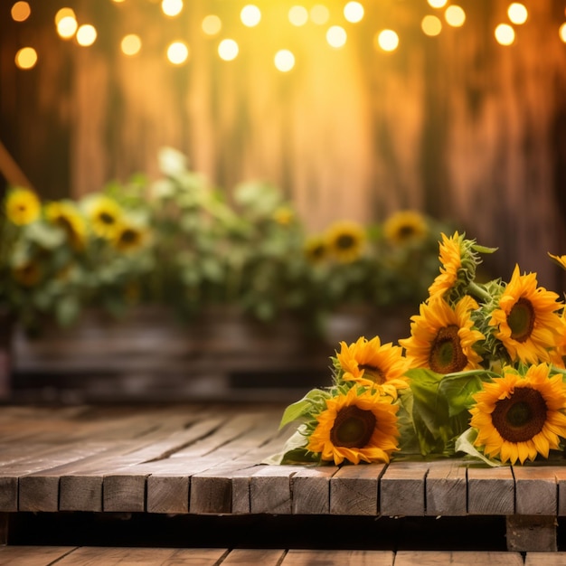 wooden podium stage with yellow flowers