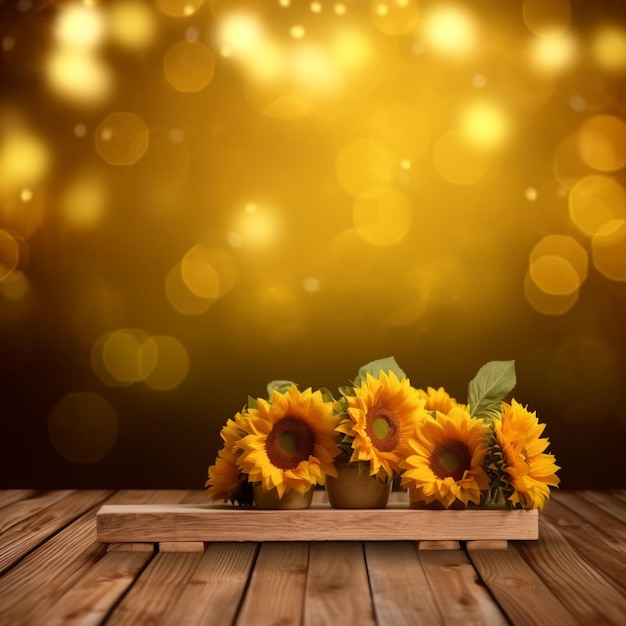 Wooden podium stage with yellow flowers