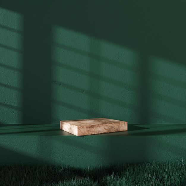 Wooden podium on a stand with green grass stand for products 3D Illustration