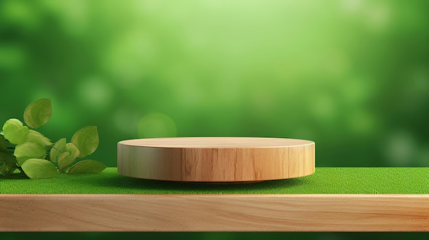 Wooden podium stands against the eco green backdrop generative ai