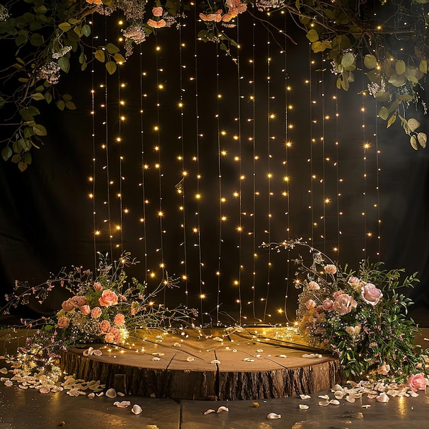 a wooden podium surrounded by flowers and lights set against an elegant black background