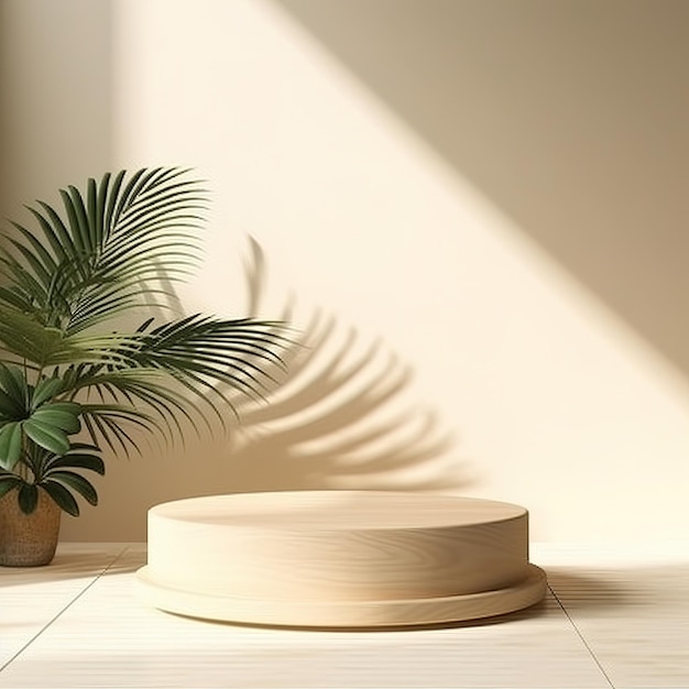 wooden podium tray on glossy white table counter vase of tree twig leaf shadow on wall background