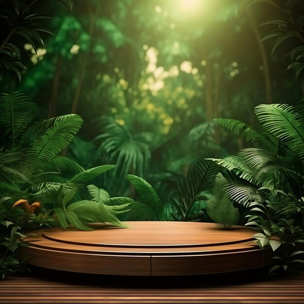 Wooden podium in tropical forest background for product presentation